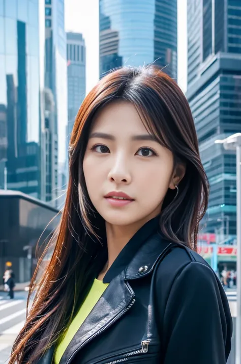 a woman in mode fashion, in front of a futuristic city,1 woman,.Korean idols, japanese beauty, high quality, (detailed face:1.4) best quality,8k,