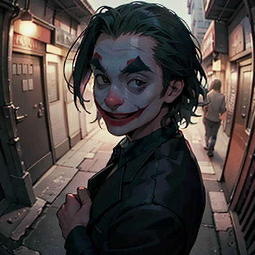 ( Masterpiece, best quality, cinematic lighting, backlit, rim light, hard light, fisheye:1.2 ), (( high angle shot overhead pov )), ( dark alley street:1.2, joker from batman, various hand gestures against viewer , looking at viewer), narrow face:1.5, long...