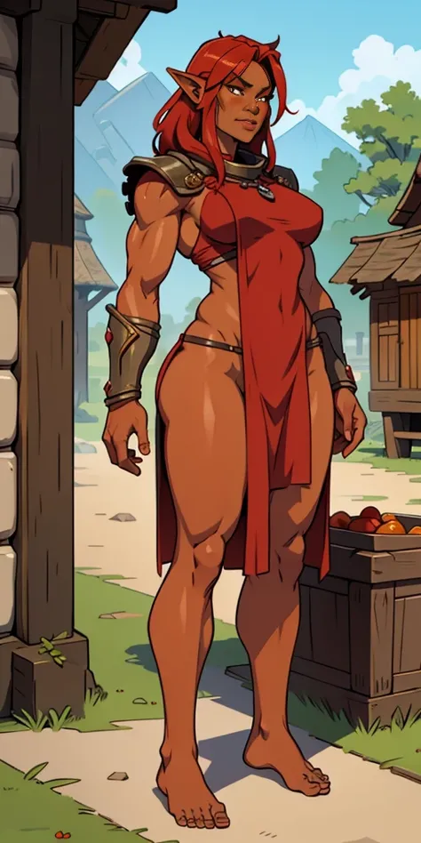 full body, barefoot, Solo, female, (orc, red skin), linen tunic, fantasy village, muscular, armor, modest clothing