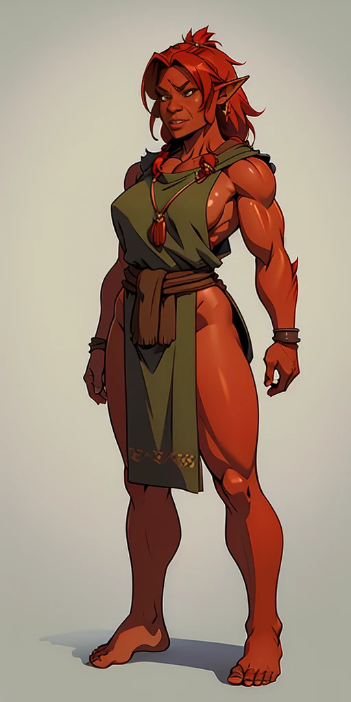 full body, barefoot, Solo, female, (orc, red skin), linen tunic, fantasy village, muscular, armor, modest clothing