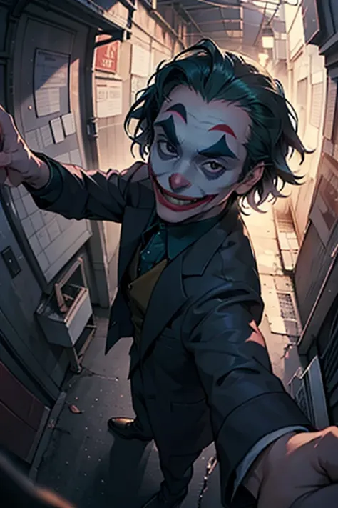 ( Masterpiece, best quality, cinematic lighting, backlit, rim light, hard light, fisheye:1.2 ), (( high angle shot overhead pov )), ( dark alley street:1.2, joker from batman, various hand gestures against viewer , looking at viewer), narrow face:1.5, long...