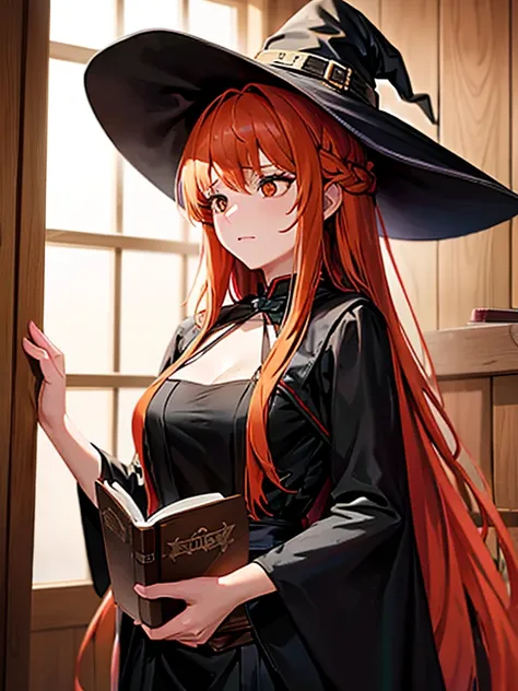 girl looking forward, a girl, orange hair girl, long hair, witch costume, black costume, medium breasts, good figure, inside a wooden house, the girl has a book in her hands, she looks worried, she looks stressed, witch hat, wooden wall in the background