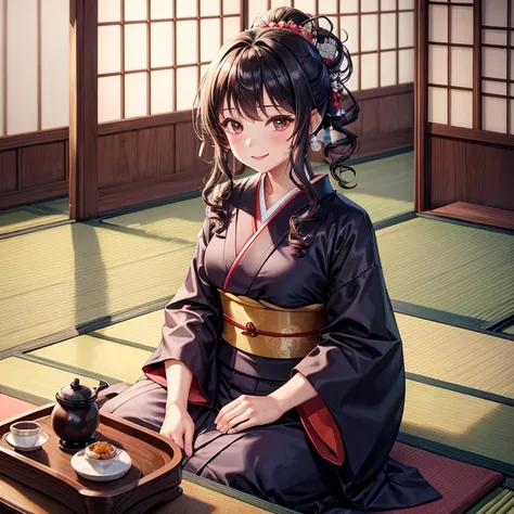 1girl in, Solo, traditional Japanese room、Sitting straight on the tatami、tea ceremony、Brewing tea、silber hair, Curly hair, Medium Hair Up、japanese kimono、Black kimono、Vermilion band、Smile, Standing, a closeup、Highest quality image quality、8K、An ultra-high ...