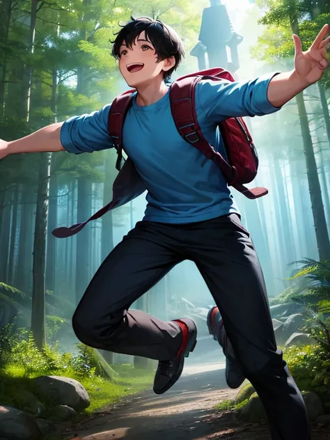 boy, one boy, excited, carrying a backpack on his back, light blue shirt, black pants, smiling happily, looking forward, jumping with excitement, black hair, short hair, brown eyes, background of a forest