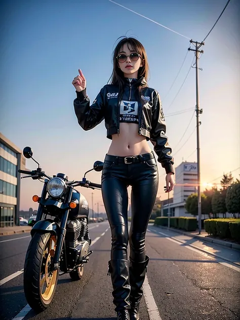 ((top-quality)), ((​masterpiece)), (high-detail:1.3), 。.。.3D, Beautiful fece (cyberpunked:1.3), Stylish woman wearing black leather clothes and looking at camera,On patrol,guns, Batons, Martial arts, Martial arts?,daytime or sunset sky or predawn dusk or d...