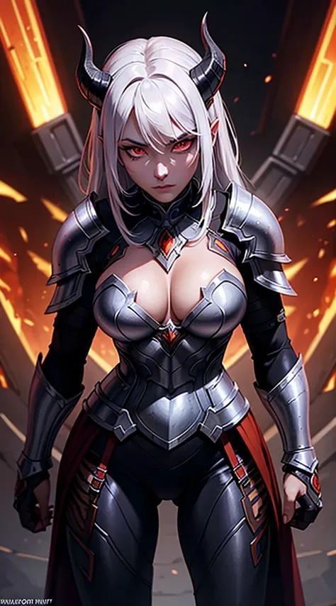 Woman, Adult, who is a demon, age 50, with a beautiful body, large breasts, Valkyrie armor, The armor has purple details, with horns on the shoulder pads of the armor, with an exposed abdomen, with a marked physique on the abdomen, with eyes in the forearm...