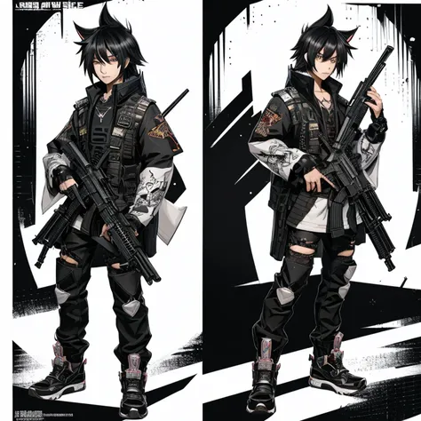 (masutepiece, Best Quality), (detailed hairs), Ultra-detailed, Anime style, Full body, Cyberpunk was a fox ninja boy, Wear black clothes, Black, And white street punk wear, guns，AK-47, 8K High Resolution, trend artstation, White background, Standing in the...