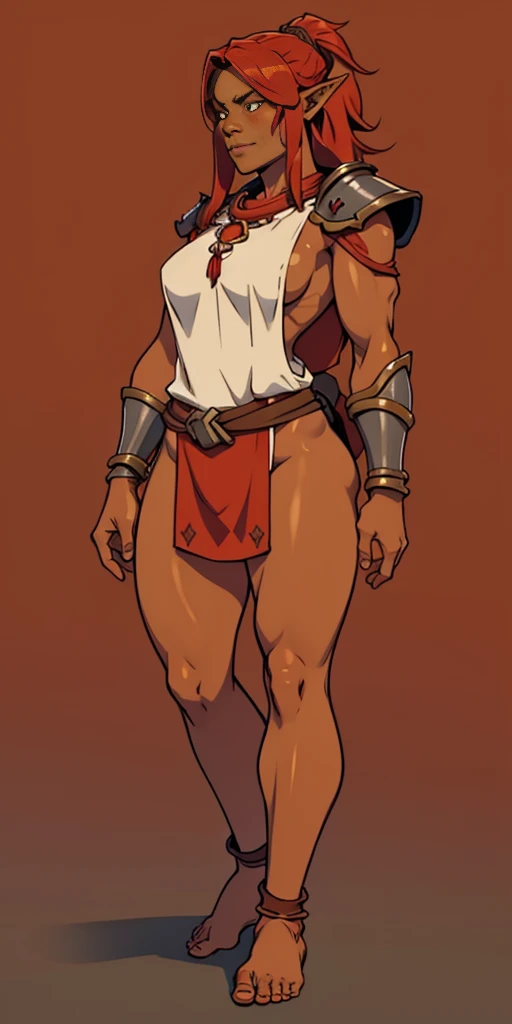 full body, barefoot, Solo, female, (orc, red skin), linen tunic, fantasy village, muscular, armor, slave outfit