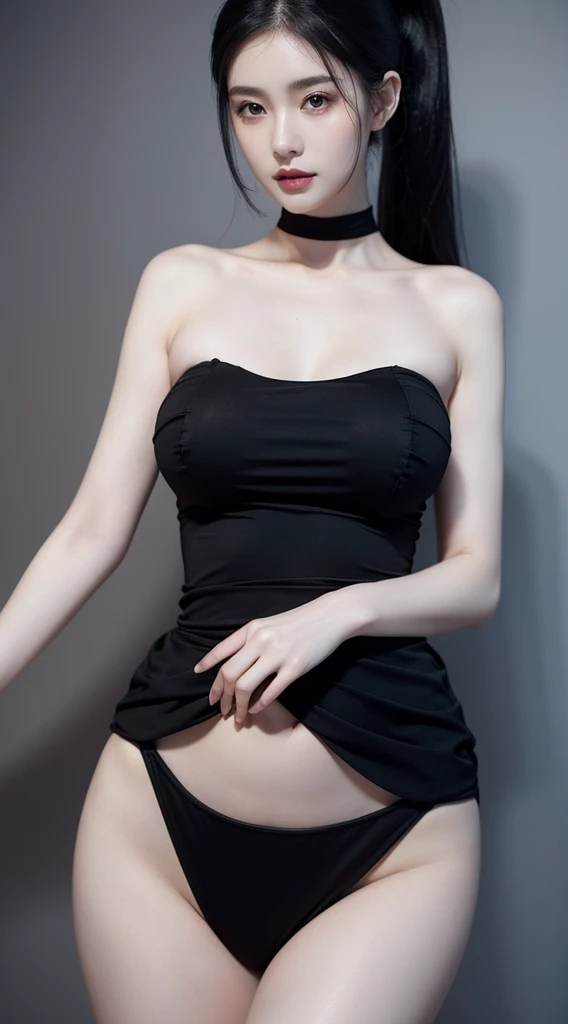 A beautiful woman standing, wearing black dress, pale skin, smooth pale skin, skin tune pink, perfect body, detailed body, ((round big breast, big hips)), cute face, black hair, ponytail hair, super detailed, detailed, 8k