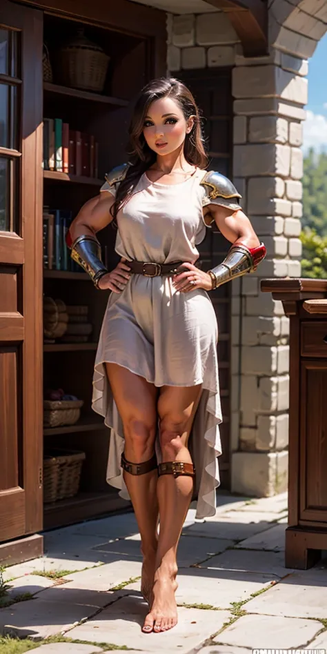 full body, female slave barefoot, solo, female, (red skin), linen tunic, fantasy village, muscular, armor, slave outfit