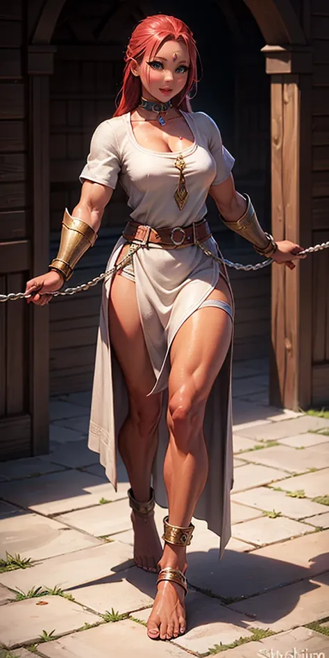 full body, female slave barefoot, Solo, female, (red skin), linen tunic, fantasy village, muscular, armor, slave outfit, armor, slave, bracers, shackles, choker