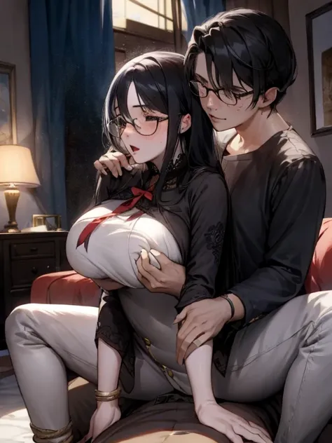 Stema Peace、hanekawa tsubasa、attack of glasses、A dark-haired、large boob、 (Black hair, Brown eyes, Round face), (nose blush, half opened eye),, [Full body shot]、eye glass、Head-to-toe shots、A dark-haired、Tying up the chest...、lifted by a rope、