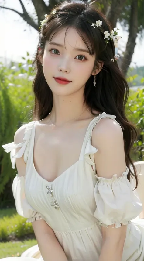 (photo-realistic:1.8), cinematic light, beautiful girl, full body picture, most realistic, charm, highest quality, masterpiece, 8k ultra, best quality, charm smile, pretty face, girly hairstyle, light lipstick, a cheerful and cute girl, flower hair clip, d...