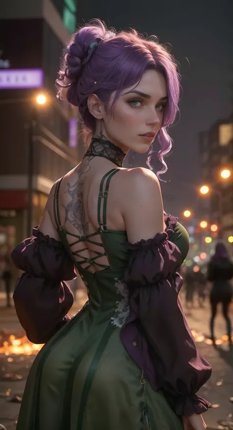 melhor qualidade, realista. 2 MULHERES, a girl with lilac hair/roxo. A outra garota tem cabelos verdes/verde. They are in the middle of a burning city, it is night time