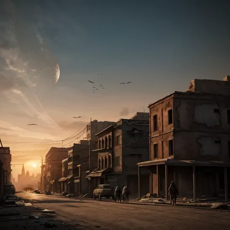 best quality, 4k, post apocalyptic city, muted colors, ruined buildings, at sunset, two wolves walking in the distance, the moon visible in the sky