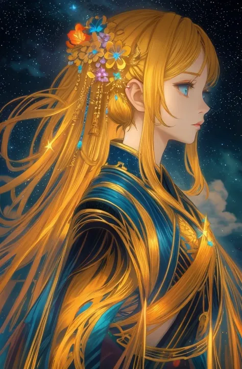 1girl, colorful clothing, colorful hair ornaments, break, golden hair, break, detailed starry sky background, cloud, break, fant...