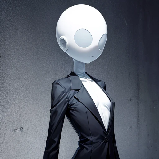 Slenderwoman, genderbent Slenderman, no face, no eyes, no ears, no nose, no mouth, bald, no hair, pale, skinny, small boobs, small butt