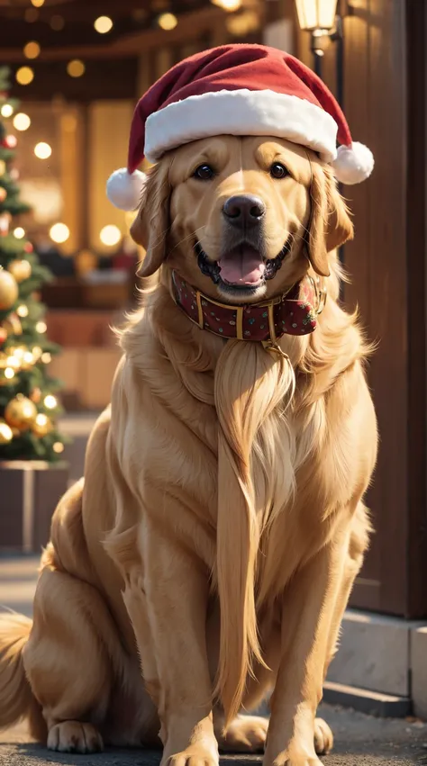 1dog,solo,(golden retriever),not human,animal photo, cute,realistic,in christmas town,best quality, masterpiece, ultra detailed