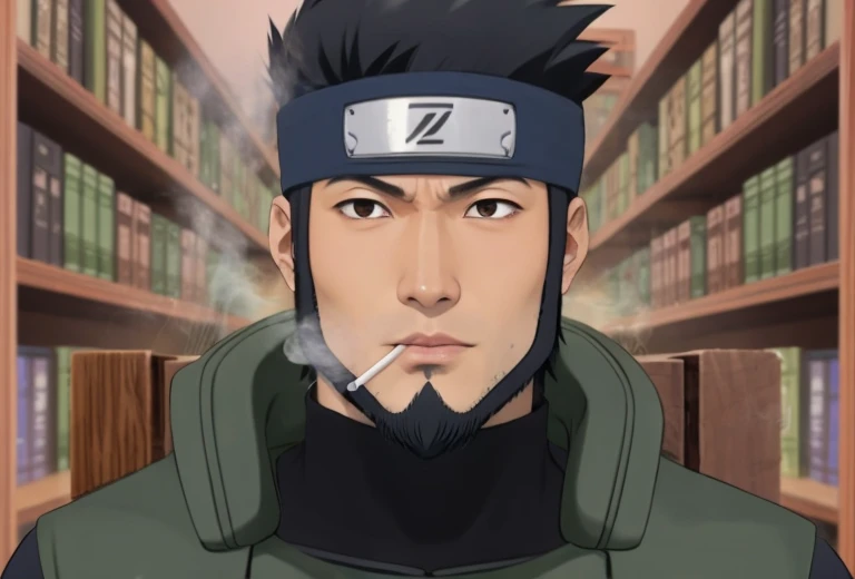 man, sarutobi asuma, middle age, 30-40 years old, light tan skin, strong face, smoking, black short hair pulled back, black balbo beard