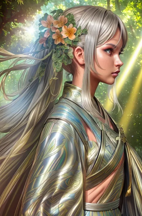 A girl with metallic skin and a detailed complexion, vibrant iridescent eyes, glossy silver lips, and long eyelashes. She stands in a colorful garden, surrounded by lush flowers and vibrant plants. The sunlight filters through the leaves, creating a soft, ...