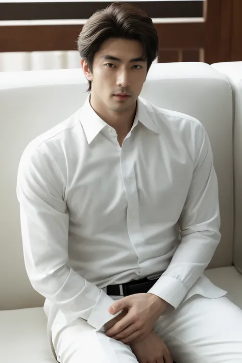 Japan handsome man，white  shirt，Sitting on the sofa，Beautiful skin