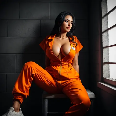 Beautiful 35 years old women wearing an ((orange jumpsuit)), (((sitting in a prison cell))), iron bars, sharp focus, ((wide angle 35mm)), (atmospheric lighting), night sky, moonlight coming through window, volumetric lighting, specular lighting, moon beams...