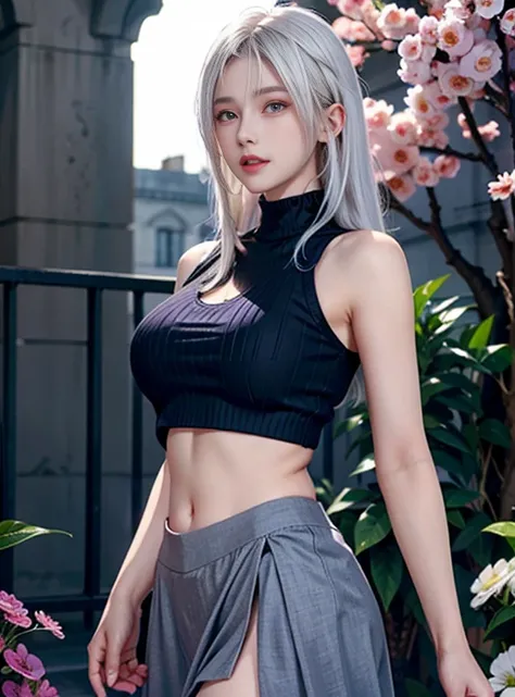 realistic, 1girl, white hair, purple eyes, glowing eyes, crop top, skirt, parted lips, blush, night, flowers, sun, sunlight,