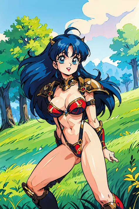 "(masterpiece:1.1), best quality, 
1girl, solo, (80s anime style:1.3), (eyelashes:1.5), (loli:1.2), 
(intricate high detailed body:1.2), 
(blue hair:1.1), (hair slicked back:1.2), (long hair, wavy hair:1.1), (demon horns:1.1), 
blue eyes, (red lip stick:1....