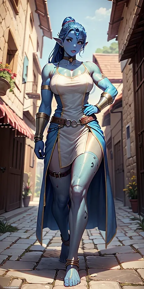 full body, female slave barefoot, Solo, female, (blue skin), linen tunic, fantasy village, muscular, armor, slave outfit, armor, slave, bracers, shackles, choker