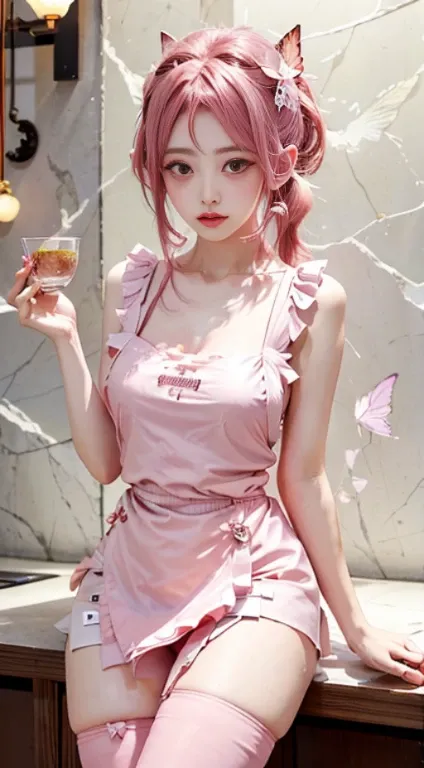 1girl in, 独奏, Nakano Nino, Pink hair, butterfly hair ornament, (barechested:1.3), (White Apron),, cleavage of the breast, thighs thighs thighs thighs, Cafe Background, (red blush:1.3), Opening legs