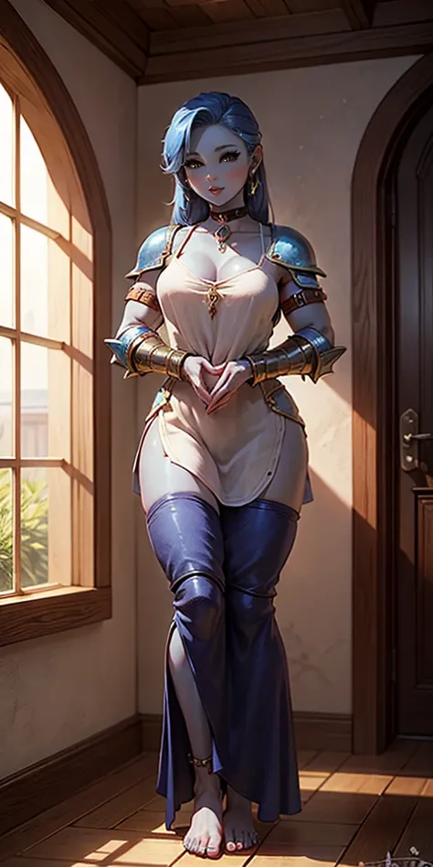 full body, female slave barefoot, Solo, female, (blue skin), linen tunic, fantasy village, muscular, armor, slave outfit, armor, slave, bracers, shackles, choker