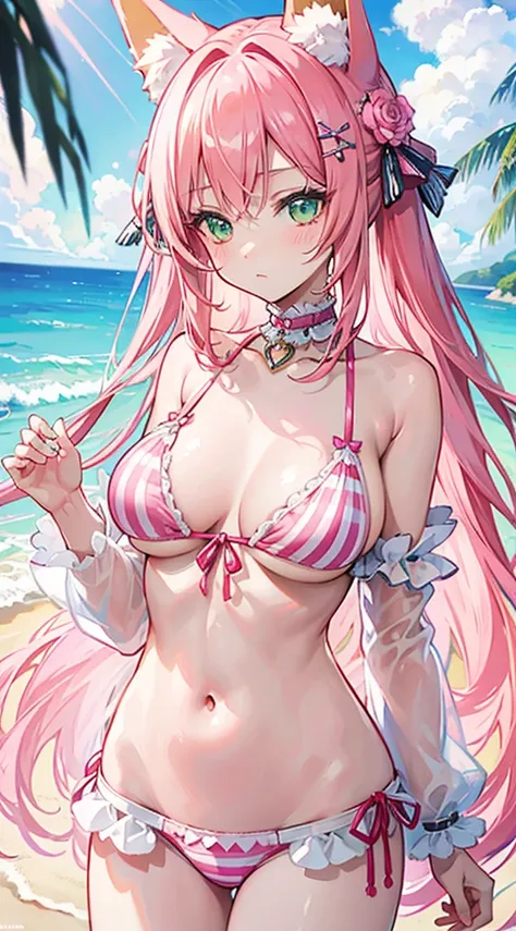 High quality, masterpiece, ultra-detailed, highly detailed outfit, choker, frilly pink striped bikini, 1girl, solo, peaceful expression, long pink hair, fox ears, enchanting green eyes, ridiculously large breasts, shiny skin, beach