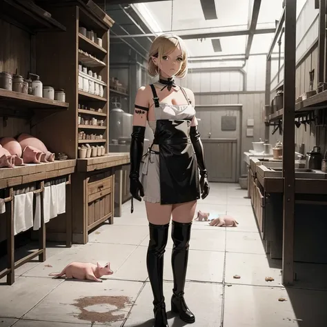 slaughterhouse,Dissect,Pig hanging on a hook,　Internal organs are scattered on the floor,　Beautiful blonde dissecting. Shoulder-length rubber gloves, Rubber apron, White knee-high rubber boots,Stand up and look down, Small sectioning knife,Indulgent pigs,P...