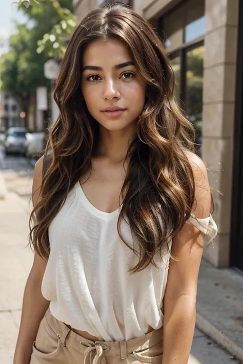 Camila Reeds natural beauty and effortless style.

Description:
- Camilas chestnut brown hair is styled in loose waves.
- Her warm hazel eyes radiate a sense of determination and playfulness.
- Sun-kissed skin exudes a healthy glow.
- She is adorned in cas...