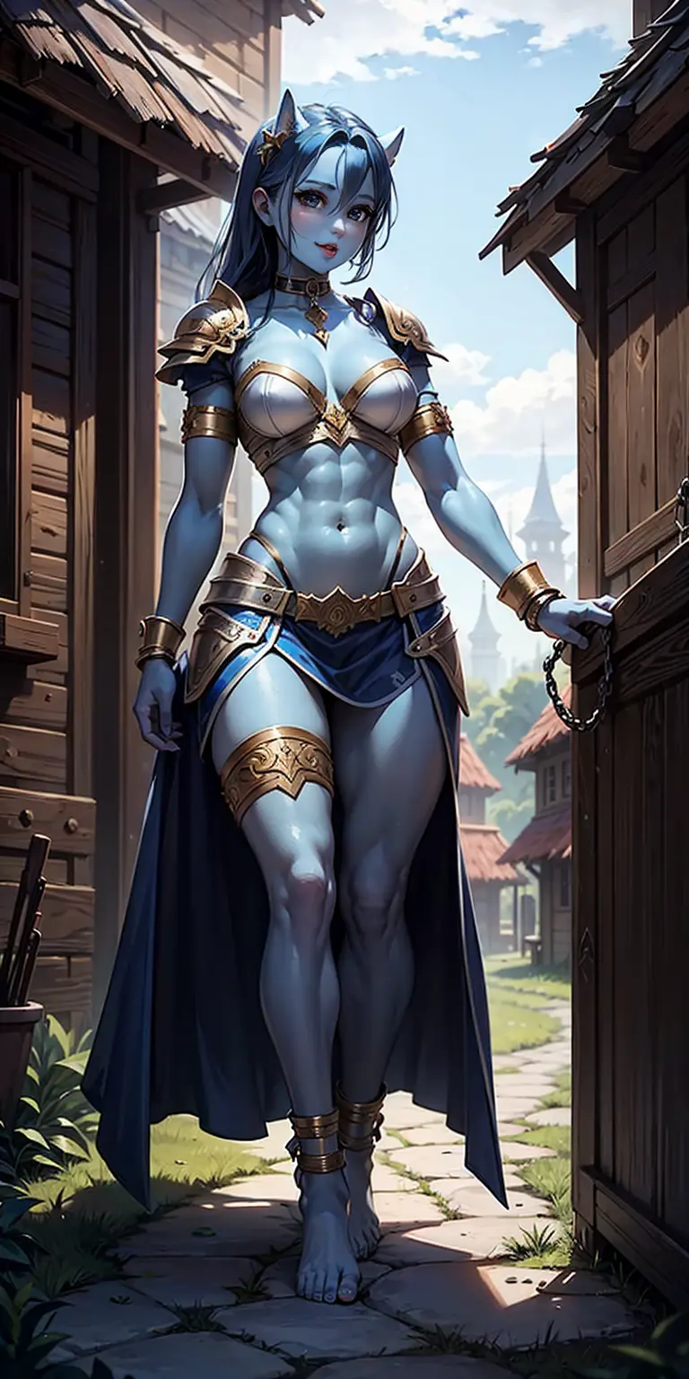 full body, female slave barefoot, Solo, female, (blue skin), fantasy village, muscular, armor, slave outfit, armor, slave, bracers, shackles, choker