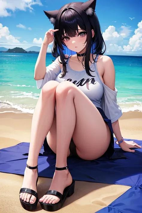 una chica de anime con cabello negro y orejas de gato, ojos azules, playera blanca, falda azul y unas sandalias color marron, pies bonitos, en un fondo de color de playa