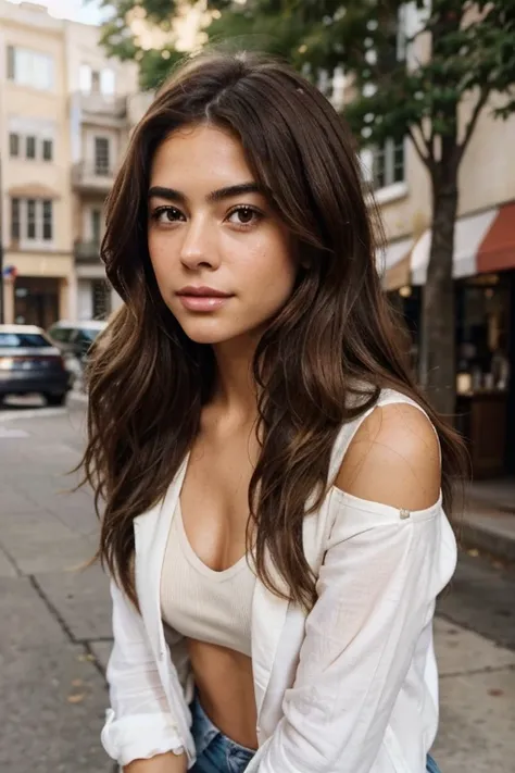 Camila Reeds natural beauty and effortless style.

Description:
- Camilas chestnut brown hair is styled in loose waves.
- Her warm hazel eyes radiate a sense of determination and playfulness.
- Sun-kissed skin exudes a healthy glow.
- She is adorned in cas...