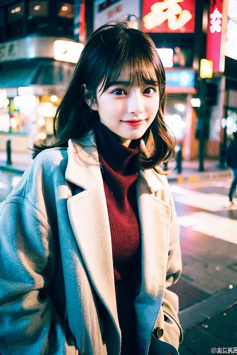 top-quality、超A high resolution、(Photorealsitic:1.4)、女の子1人, overcoat、muffler、posing,fullllbody、tokyo