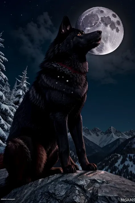 ((Masterpiece image)), A black wolf with shiny red eyes, on top of the mountain with a full moon at background, looking at the viewer, howling at the moon! Unreal engine, high resolution, high quality detailed,