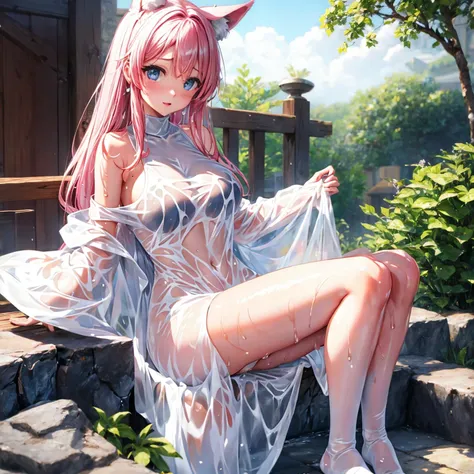 One girl anime styled。girl with。Blue eyes。 in estruig fox Tail。Looking at the camera,fox ear, pink hair, white crop top, fox tail, girl 18 old , utral light, sitting in the bedroom,hair hair, wear pantie, wear dress, salon,Wet and see-through、cute little、b...