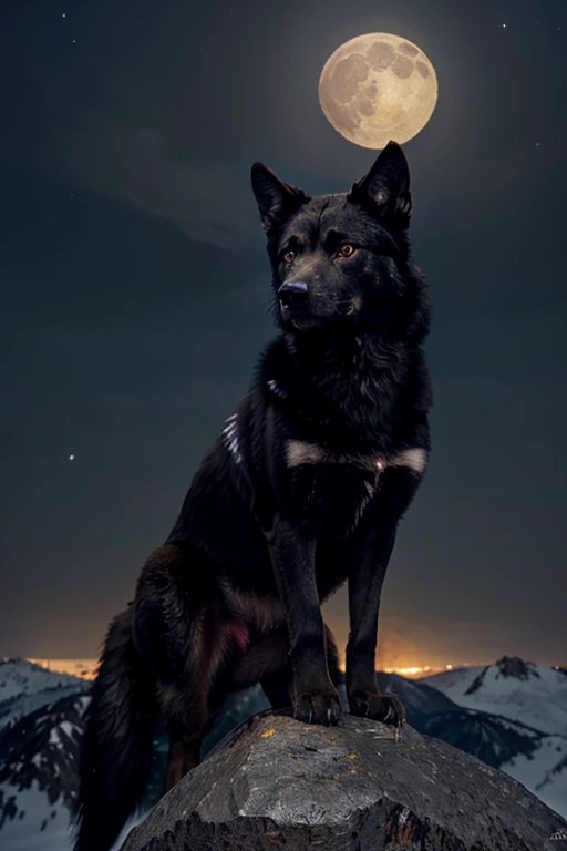 ((Masterpiece image)), A black wolf with [[shiny red eyes]], on top of the mountain with a yellow full moon at background, looking at the viewer! Unreal engine, high resolution, high quality detailed, (((masterpiece))), (((best quality))), ((ultra-detailed...