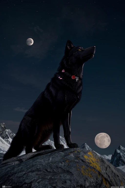 ((Masterpiece image)), A black wolf with [[shiny red eyes]], on top of the mountain with a yellow full moon at background, looking at the viewer! Unreal engine, high resolution, high quality detailed, (((masterpiece))), (((best quality))), ((ultra-detailed...