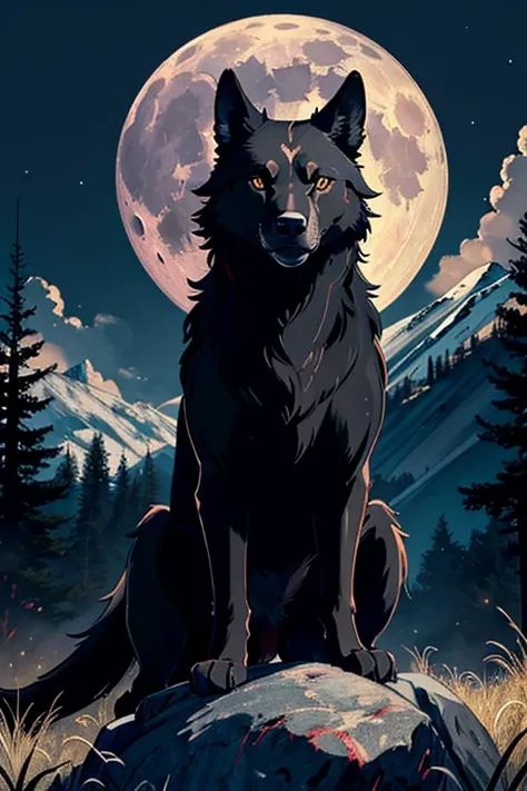 ((Masterpiece image)), A black wolf with [[shiny red eyes]], on top of the mountain with a yellow full moon at background, looking at the viewer! Unreal engine, high resolution, high quality detailed, (((masterpiece))), (((best quality))), ((ultra-detailed...