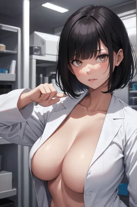 Big, big, perfect body, outstanding style, female doctor, lab coat, emphasis on breasts, arms behind, erotic expression, estrus face, bob, black hair, bangs, infirmary