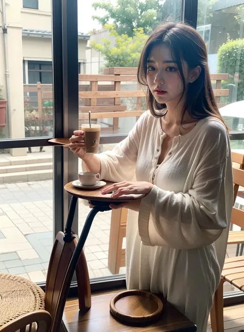 Open cafe with lots of people, Wood Chair, wood desk, parasol, Wood Chairに座っている, bread on the desk, Cafe latte on the desk