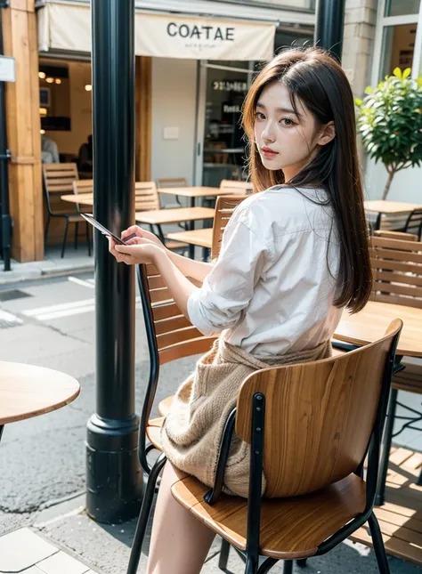 Terrace seating in an open café, Sandwich placed on the wooden desk, Cafe latte on the desk