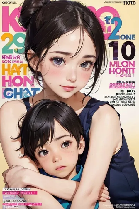 (colorful  magazine cover with lots of text)，(close-up:1.2)，pajamas， 1girl，grasp by hand，(mother and son:1.5)，(kiss:1.2)，(a ten-...