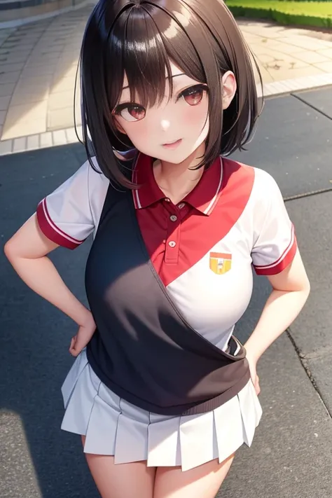 1 young girl，ultra - detailed，tmasterpiece，Best quality at best，love letter，blush blush，Yazawa Nico,red eyes, face flushed,Blunt hair， On the ground,  chubbiness，ssmile，both hands on hip，独奏, White polo shirt, White sneakers, 
, white mini-skirt,  realistic...