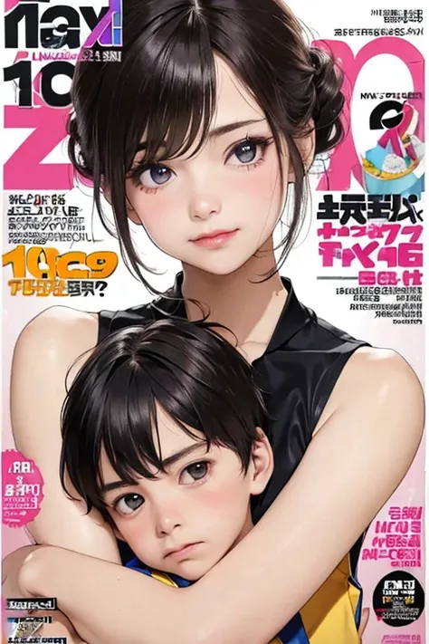 (colorful  magazine cover with lots of text)，(close-up:1.2)，pajamas， 1girl，grasp by hand，(mother and son:1.5)，(kiss:1.2)，(a ten-...