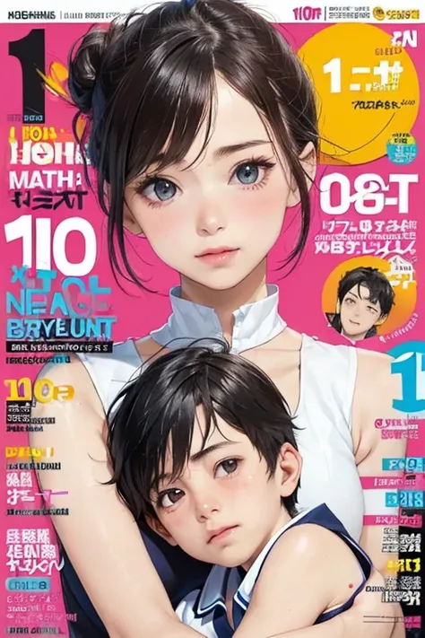 (colorful  magazine cover with lots of text)，(close-up:1.2)，pajamas， 1girl，grasp by hand，(mother and son:1.5)，(kiss:1.2)，(a ten-...